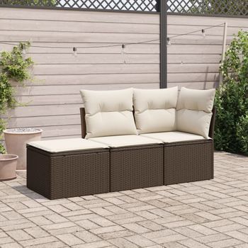 Conjunto Sofás De Jardín 3 Uds | Mueble Jardin Mesa Y Sillas Y Cojines Ratán Sintético Marrón Cfw331593