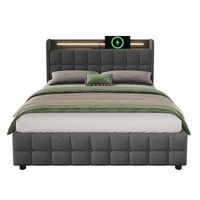 cama tapizada 140x200cm en lino - con led y puertos de carga usb - 2 cajones - gris