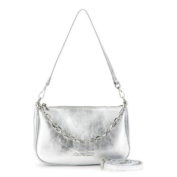bolso de hombro de piel laminada con asa de cadena dorada silver