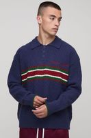 oversized embroidered panel textured knitted polo navy