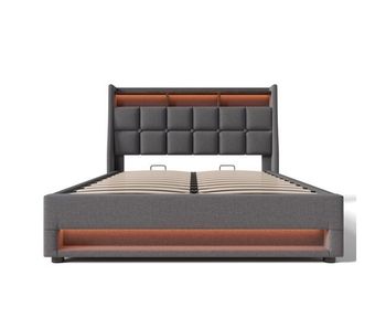 Cama tapizada led 160x200cm - cama doble con usb, base de metal, estructura de lino, con colchón - gris