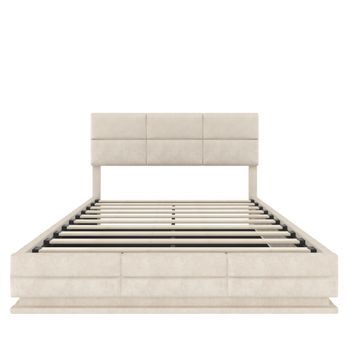 Cama Tapizada 140x200 Cm - Cabezal Ajustable, Puertos Usb/type-c, Iluminación Led, Sistema Hidráulico, Gran Capacidad De Almacenamiento - Beige