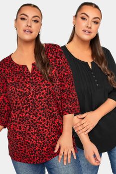Yours Juego 2 Tops De Algodón: Rojo Floral Y Negro, Mujer Curvy Y Tallas Grandes, Yours