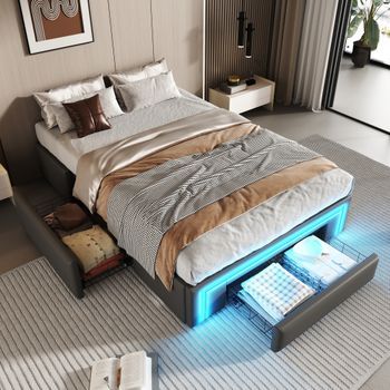 Cama Tapizada 90x200 Cm Sin Cabecero - Con 3 Cajones - Led - Piel Sintética - Gris (sin Colchón)