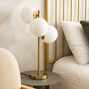 LEDKIA LIGHTING - Lámpara de Mesa Moonlight Brass | Diseño Elegante con 3 Focos | Uso Interior IP20 | Compatible con Bombillas E27 | Dimensiones 56x34x34 cm, Dorado, Cristal