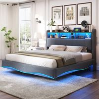 cama tapizada 160 x 200 cm con cabecero - leds usb y type-c - tela de lino - somier de laminas - gris