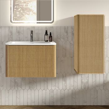 Conjunto De Mueble De Baño Suspendido De 60 Cm Con Lavabo Blanco Mate Y Columna Roble