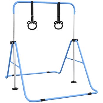HOMCOM Barra de Gimnasia para Niños con Altura Ajustable en 5 Niveles y Anillos Entrenamiento de Gimnasia Plegable en Casa Azul