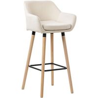 taburete de bar lounge x1 diseno escandinavo asiento de tela beige patas de madera reposapies de metal 100004915