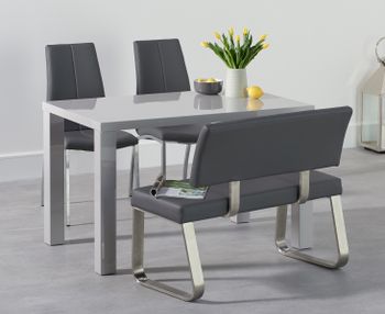Atlanta 120cm Light Grey High Gloss Dining Table with Cavello Chairs and Malaga Grey Bench