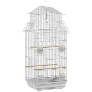 PawHut Jaula para Pájaros de Acero con Comederos Perchas Columpio y Bandeja Extraíble 50,5x41x104 cm Blanco