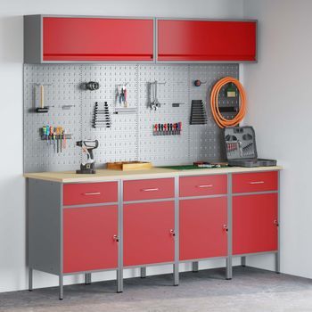 Vidaxl Conjunto De Armarios De Trabajo Con Cajón Manual 10 Uds. Rojo