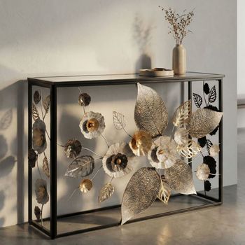Consola de metal negro con flores y tapa de vidrio cm 112x42x80