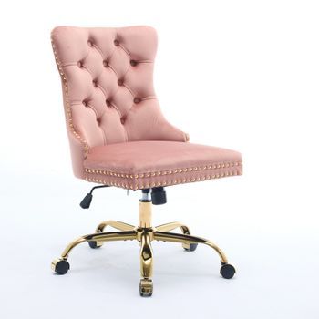 Silla De Oficina De Terciopelo Rosa, Silla De Escritorio Giratoria Ajustable Con Base De Metal Dorado.