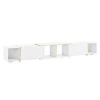 mueble tv extensible blanco brillo de 275 cm con estantes abiertos y detalles dorados