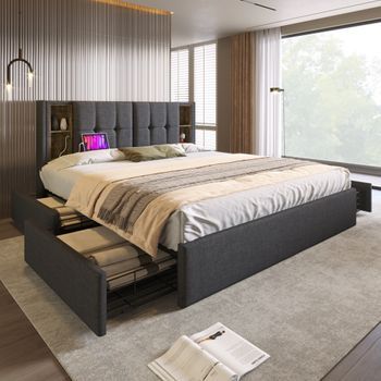 Cama Doble 160 X 200 Cm Con Carga Inalámbrica Usb C Y 4 Cajones - Terciopelo - Gris
