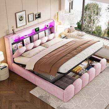 Cama Tapizada Rosa 180 X 200 Cm Con Arcón Hidráulico, Cabecero Con Almacenaje Y Led