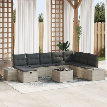 Conjunto De Sofá De Jardín  De 9 Piezas Con Cojines De Rattan Polimérico Gris Claro V6440 Unico / Negro