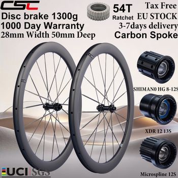 Ruedas de carbono CSC 700C UCI 1300g con radios de carbono, freno de disco, juego de ruedas de carbono para bicicleta de carretera, 50x28mm, 54T, bloqueo central Ratchet para bicicleta de gravel.