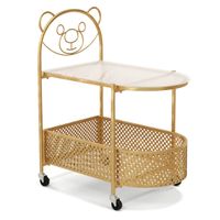 costway mesa de cafe de cristal movil mesa lateral moderna de 2 niveles con patron de oso cesta de metal ruedas para salon dormitorio estudio