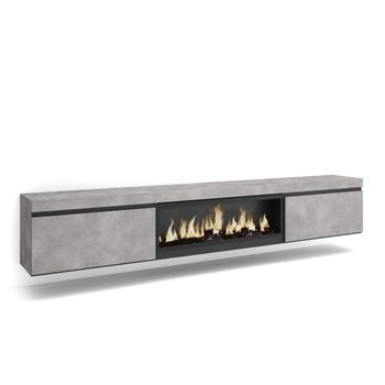 Mueble Tv, Televisión, Muebles De Salón, Almacenaje, 267x45x35 Cm, Para Tv Gran Formato, Chimenea Eléctrica Xxl, Colgado, Suspendido, Estilo Moderno, Cemento