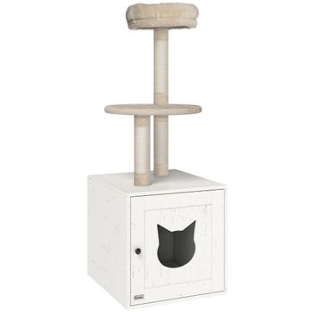 PawHut Árbol para Gatos con Casa de Arena, Torre de Juego 2 en 1 de 129 cm con Ocultador de Arena, Postes para Rascar, Crema