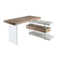 escritorio madera gris y cristal templado con tapa de nogal