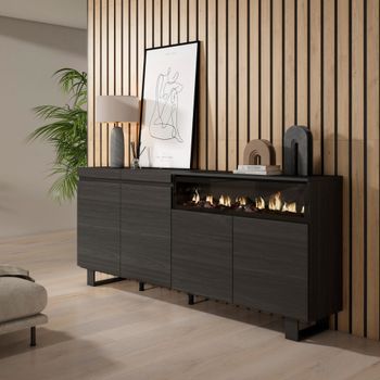 Aparador efecto madera negro 200x35x87cm chimenea efecto fuego