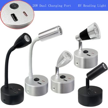 Lámpara de lectura LED de cuello de cisne para RV, 3W, tipo C+USB, para pared y techo, iluminación interior para barcos y yates, 12V-24V