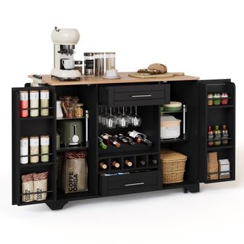 Isla De Cocina Con Ruedas, Encimera Extensible Y Cajones, 138x70x92cm, Mdf, Negro Y Natural