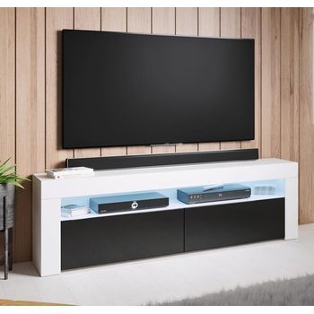 Mueble Tv Con Led | Mueble De Televisión | Mueble De Salón | 2 Puertas | 140x50x35cm | Modelo Aker | Blanco Con Negro Acabado En Brillo