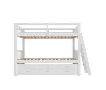 Cama litera 90x200cm - cama infantil con escalera, cama extraíble y 3 cajones, estructura de madera de pino y mdf - blanco