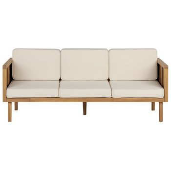 Sofá 3 Plazas De Madera De Acacia Clara Beige Claro Cojines Reposabrazos Baratti