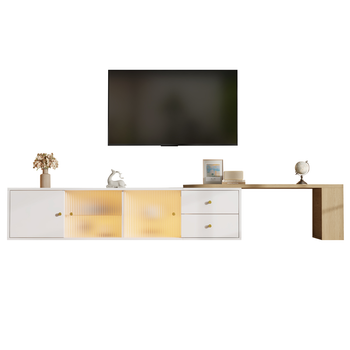 Mueble De Tv Extensible，175×40×35,5 Cm，con Luz Led Rgb, 2 Cajones, Puertas Correderas De Vidrio Templado, Estante Lateral, Blanco Y Madera