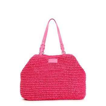 bolso tote de croché con charm de corazón de colores y borde de rafia hot pink
