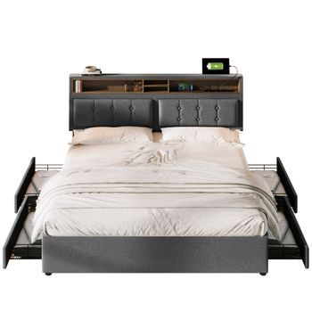 Cama Doble 140 X 200 Cm Con 4 Cajones Y Toma Usb C - Cabecero Ajustable - Gris