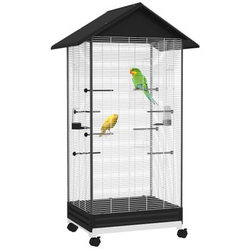 Jaula para pájaros PawHut con ruedas, voladero interior con ruedas, con bandeja deslizante, 2 comederos y 8 perchas, para canarios, 79x65x155 cm, acero roscado, negro