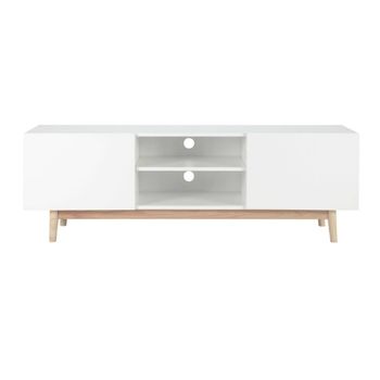 Mueble TV blanco satinado con base de roble de 120 cm