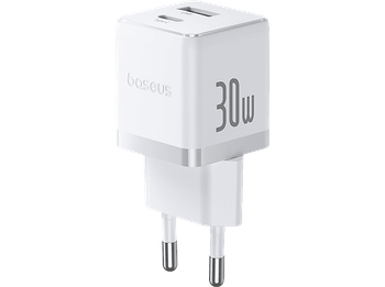 Cargador de pared - Baseus PALM, 30W, USB y Tipo-C, Kit con cable Tipo-C 100 cm, Universal, Blanco