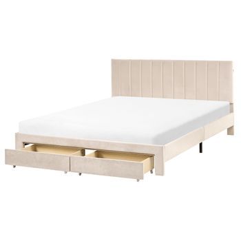 Cama Moderna Con Cajones Cabecero Tapizado En Terciopelo Y Somier De Láminas Beige 160 X 200 Cm Lonzac