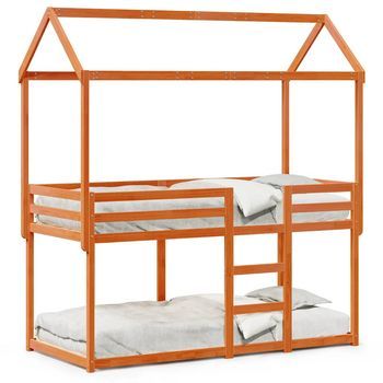Cama Individual | Cama Para Adulto | Cama Litera Con Techo Madera Maciza Pino Marrón 90x200 Cm