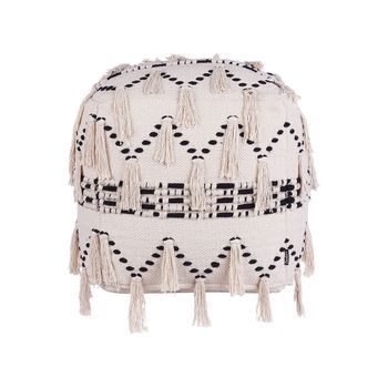 Puf Beige Y Negro Con Borlas Decorativas De Punto De Algodón Diseño Boho Thondi