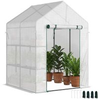 outsunny invernadero de jardin 143x73x195 cm vivero casero de acero con 2 estantes y puerta enrollable para cultivos plantas macetas flores blanco