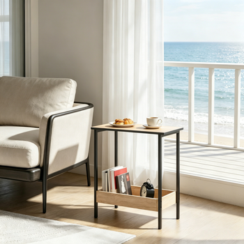 Mesa Auxiliar - Mueble Para Salón - Madera Y Metal - Negro Y Roble Claro (50x25x55cm)