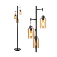 costway lampara de pie independiente con pantalla de vidrio ambar de 3 cabezas interruptor de pie base de metal para dormitorio 245 x 164 cm negro
