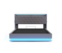 comoda cama tapizada con led 160x200 cm - con puerto de carga usb - tela de lino - gris