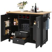 isla de cocina con encimera plegable 5 ruedas giratorias y botellero 1379x73x92cm mdf y metal negro y blanco
