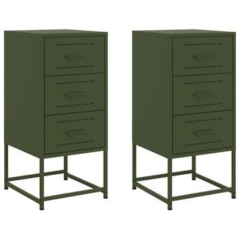 Pack 2 Uds Mesitas De Noche | Mesilla De Noche Acero Verde Oliva 36x39x78 Cm