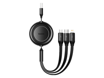 Cable USB - Baseus 3-en-1 Bright Mirror, retráctil, Carga rápida multidispositivo, a USB-C-Lightning-Micro, 110 cm, 3.5A, Negro