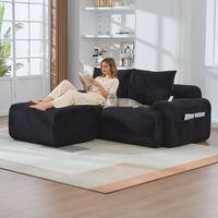 sofa modular de 2 plazas con reposapies - mueble para salon - pana - negro 200x174x80cm
